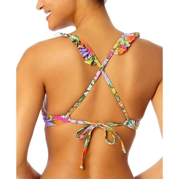 Women's Medium Printed Ruffle-Strap Push Up Underwire Bikini Top hippie flower - Picture 2 of 8